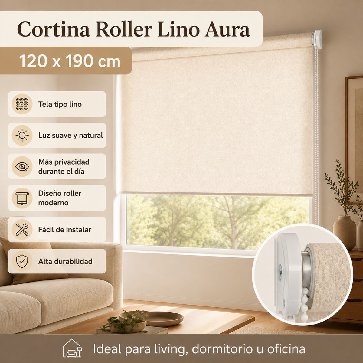 SPACE HOME - Cortina Roller Traslúcida Lino Aura 120x190 cm, Moderna y Fácil de Instalar