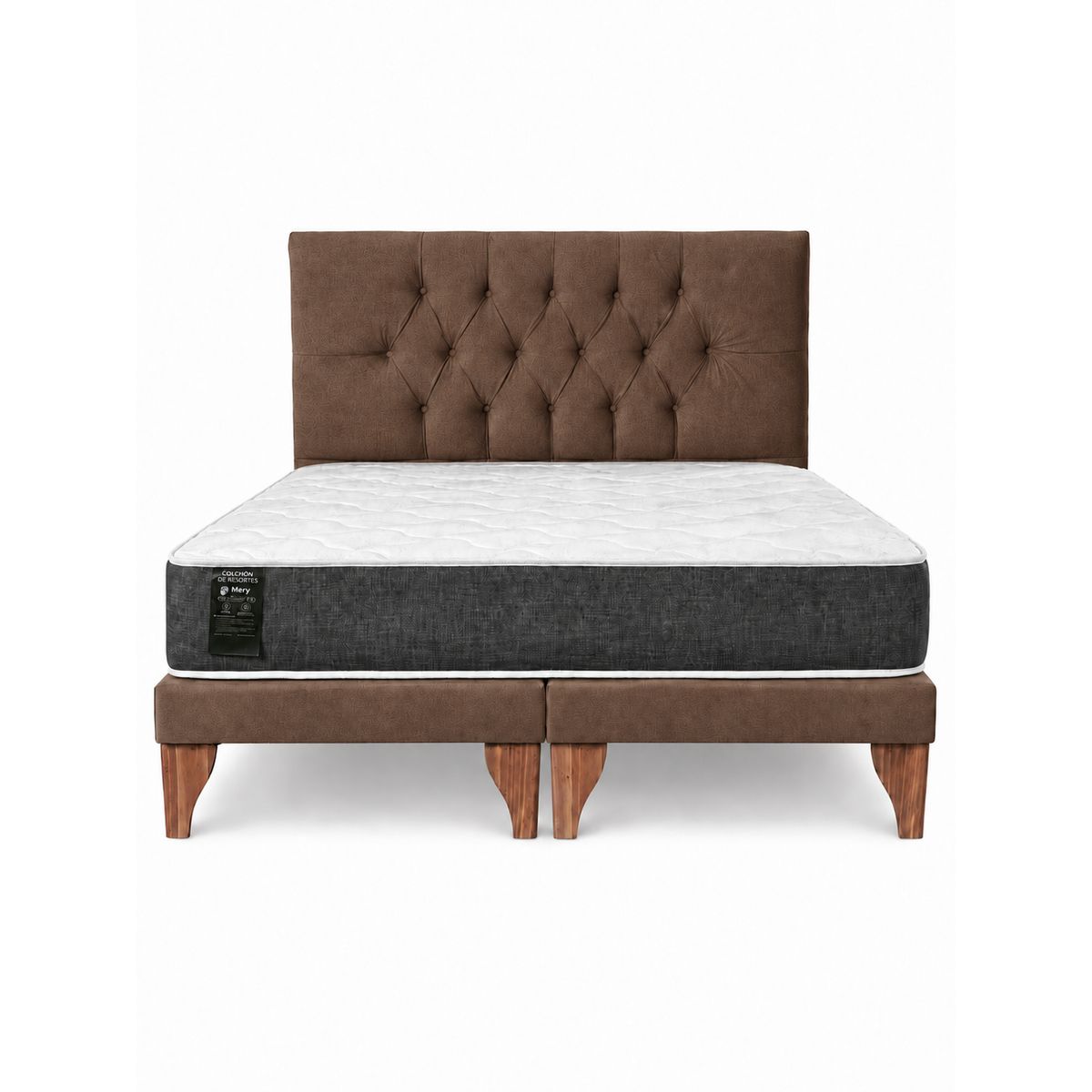 GENERICO - Cama 2 Plazas Modelo Capitone Cafe + Colchon Mery Desing
