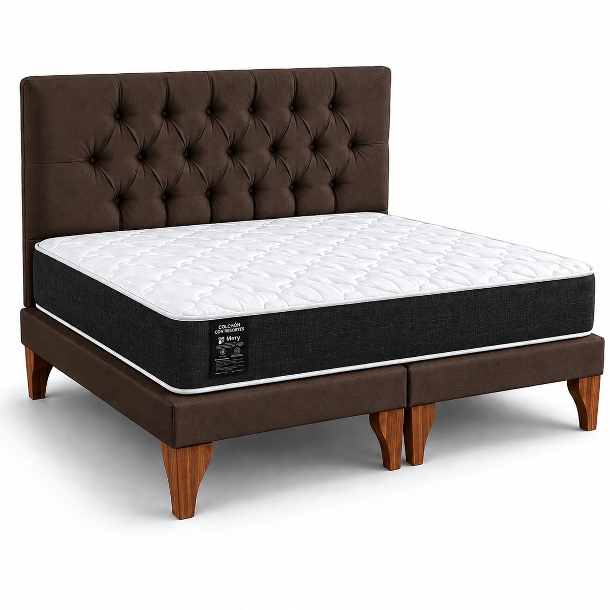 GENERICO - Cama 2 Plazas Modelo Capitone Cafe + Colchon Mery Desing