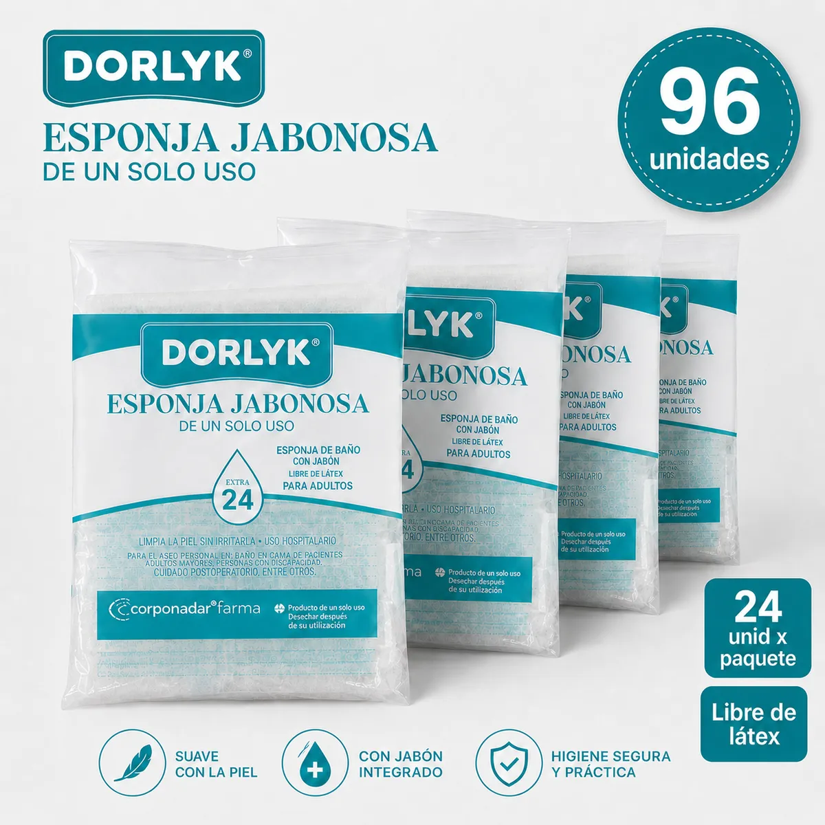 DORLYK - 96 Esponjas jabonosas para baño en seco de un solo uso con gel DORLYK. 4 paquetes de 24 esponjas cada uno
