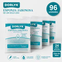 DORLYK - 96 Esponjas jabonosas para baño en seco de un solo uso con gel DORLYK. 4 paquetes de 24 esponjas cada uno