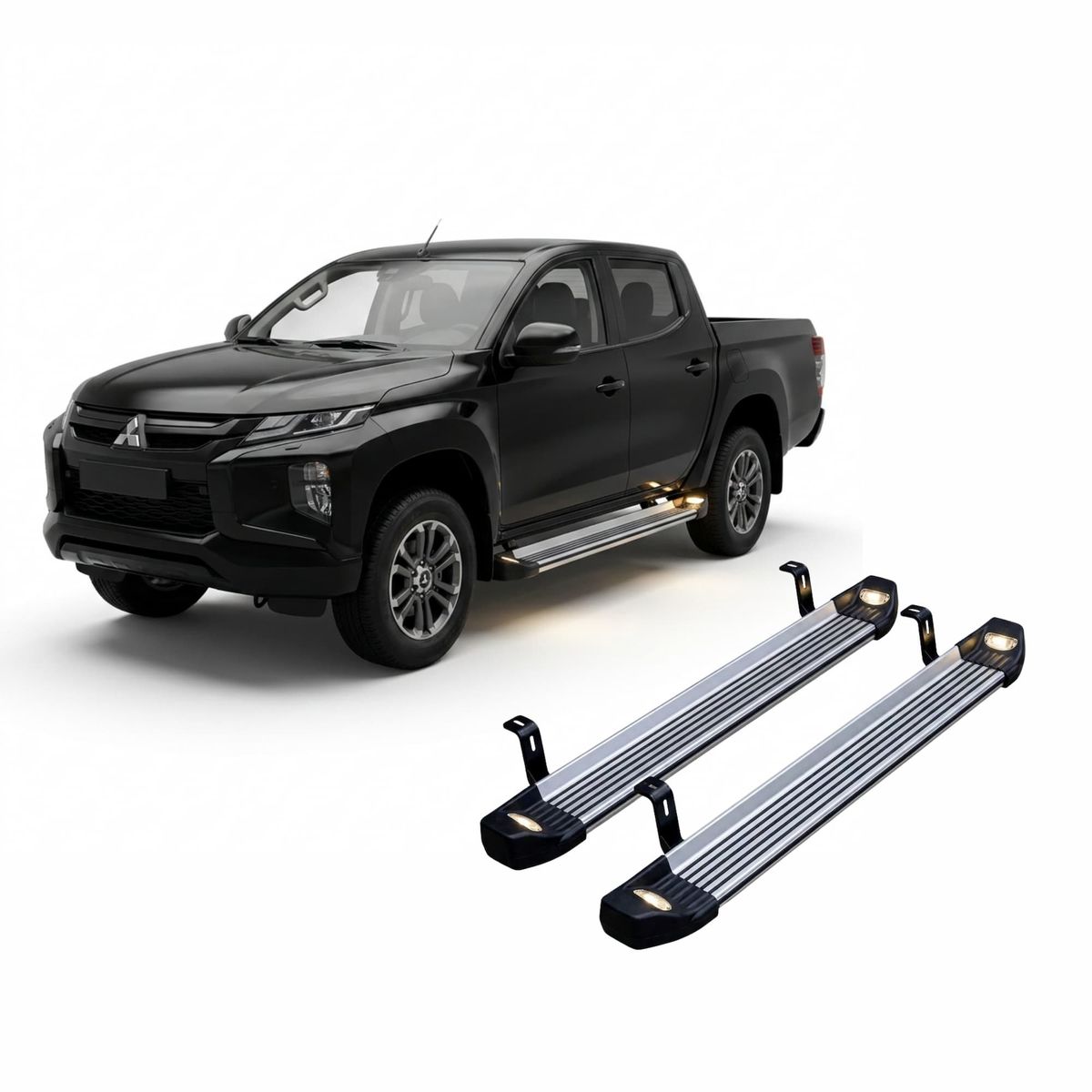GENERICO - Pisaderas Laterales para Mitsubishi L200 Acero Cromado LED Integrado Estribos Laterales 2015 - 2024