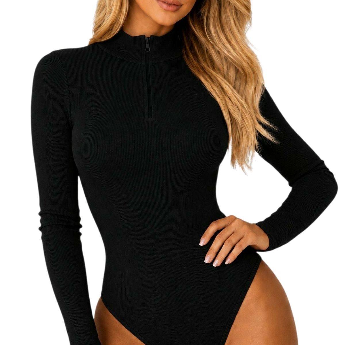 LOOK SHOP - Body Manga Larga Mujer Acanalado. Con Cuello Alto Y Cierre 9021