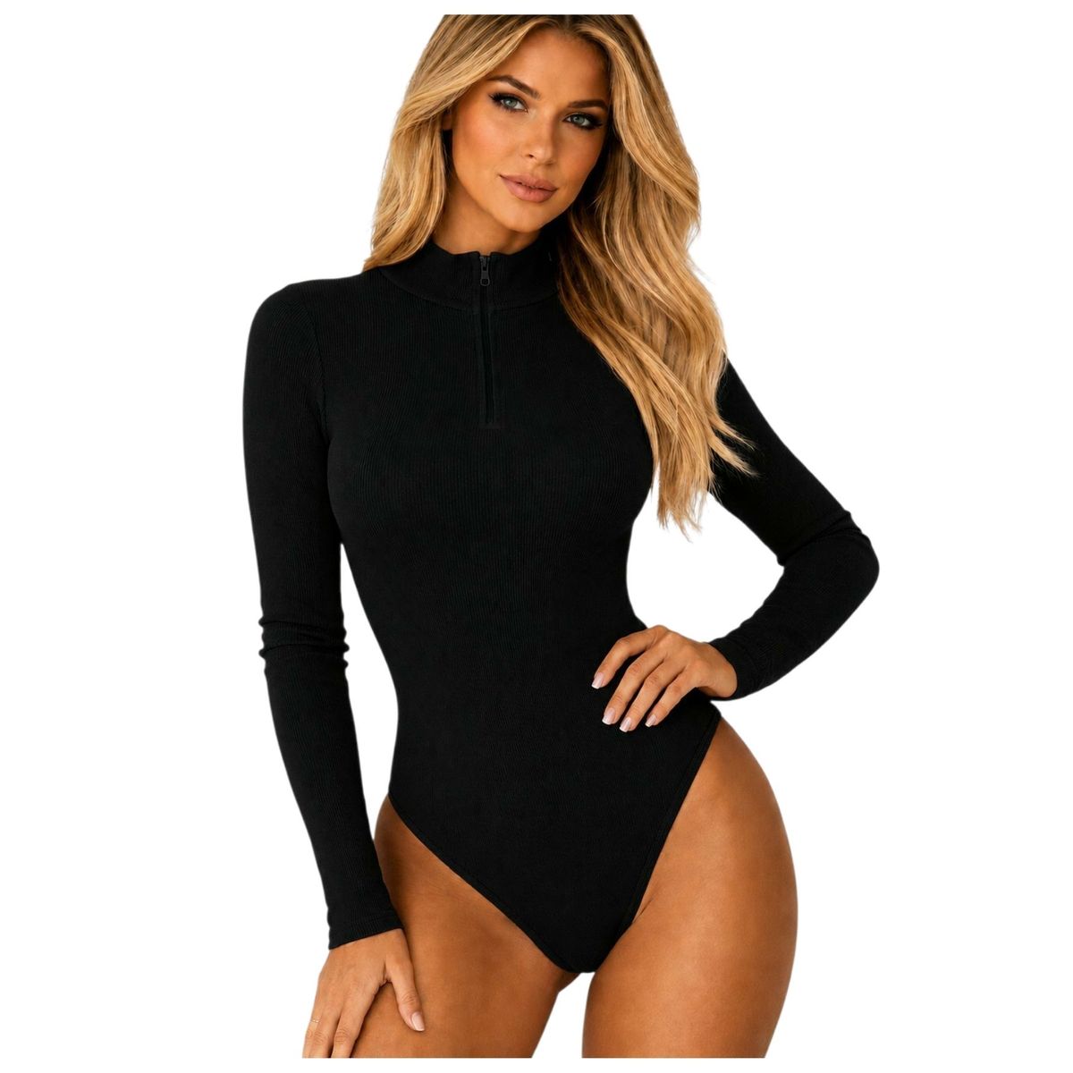 LOOK SHOP - Body Manga Larga Mujer Acanalado. Con Cuello Alto Y Cierre 9021