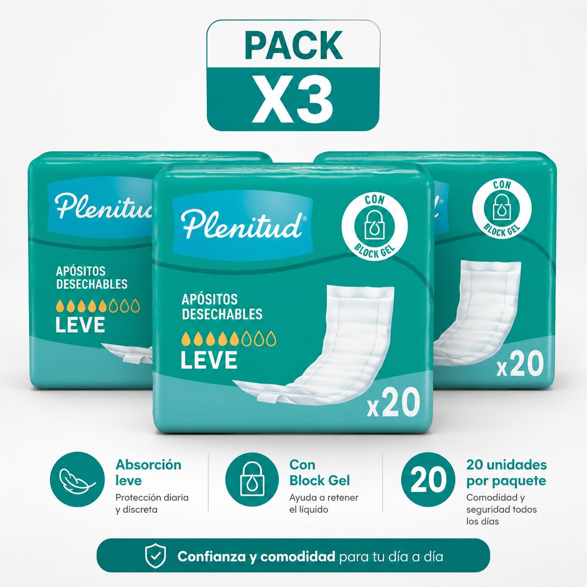 PLENITUD - 60 apósitos desechables PLENITUD, multiuso, incontinencia leve. 3 Paquetes de 20 unidades