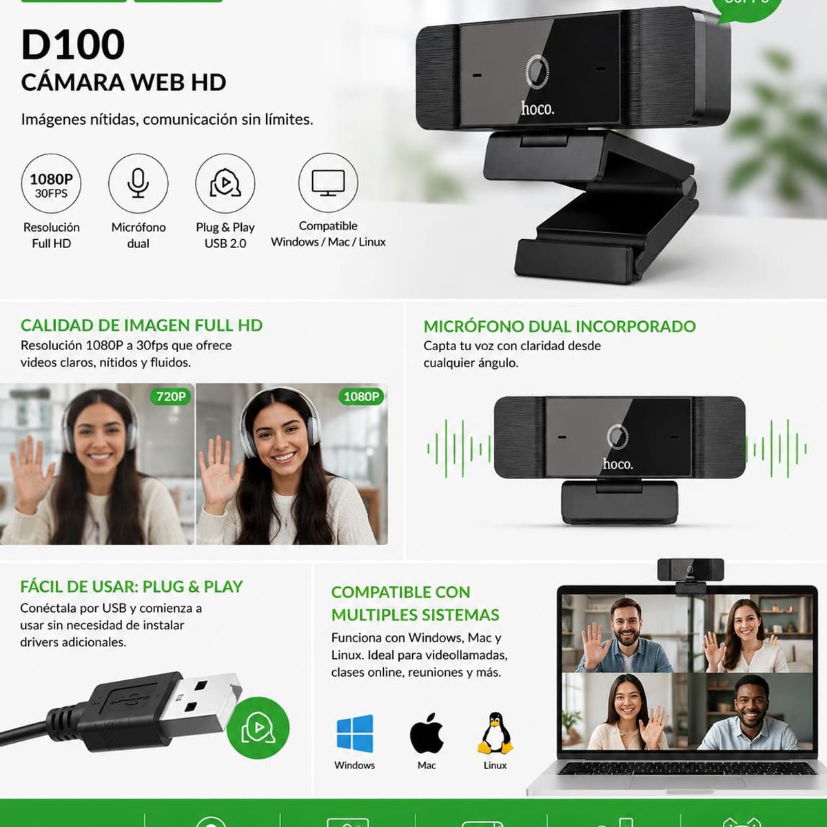 HOCO - Cámara Web Hoco D100 Full HD 1080P USB con Micrófono