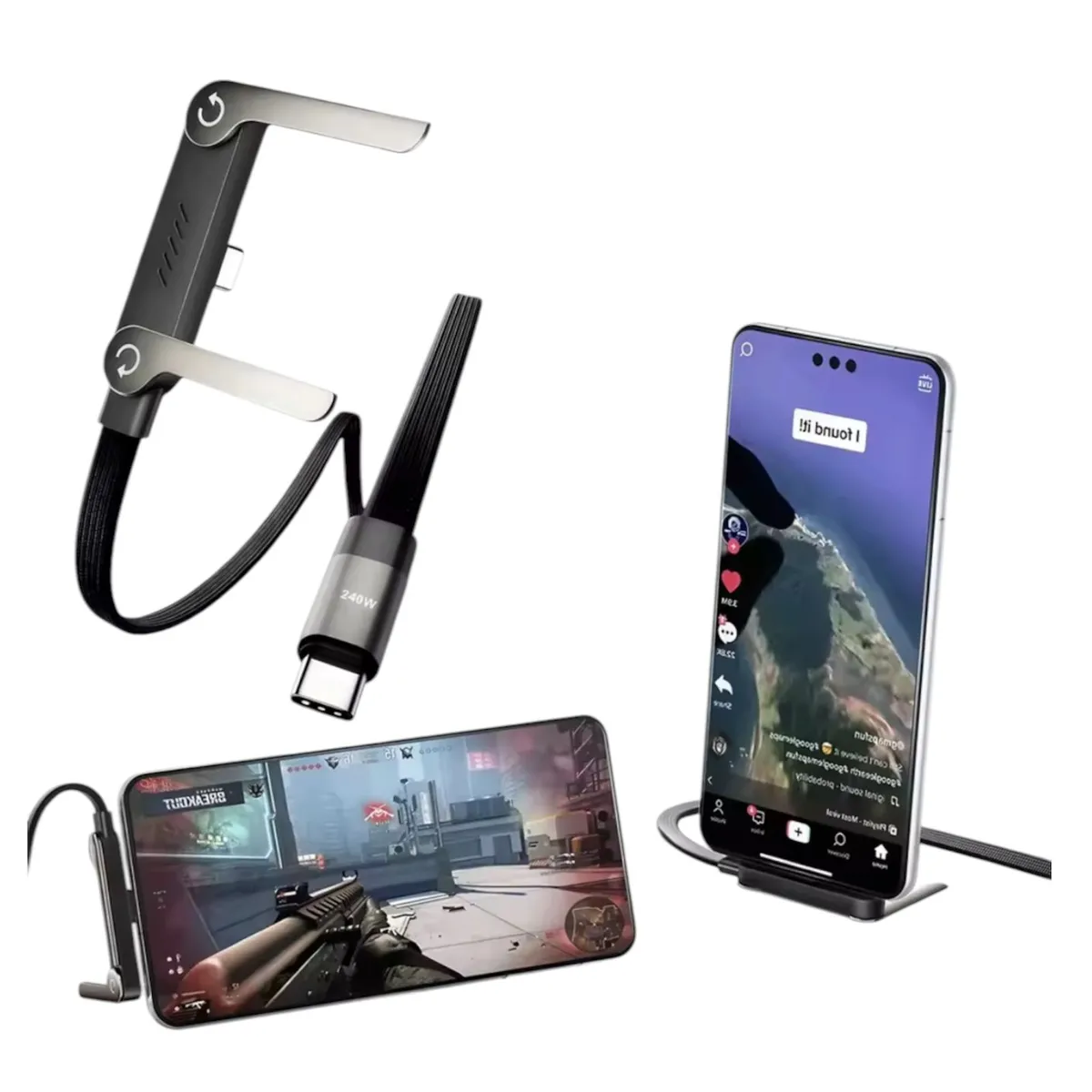 GENERICO - Cable Carga Rápida 240w 2en1 Tipo-C 1.5m Con Soporte 360
