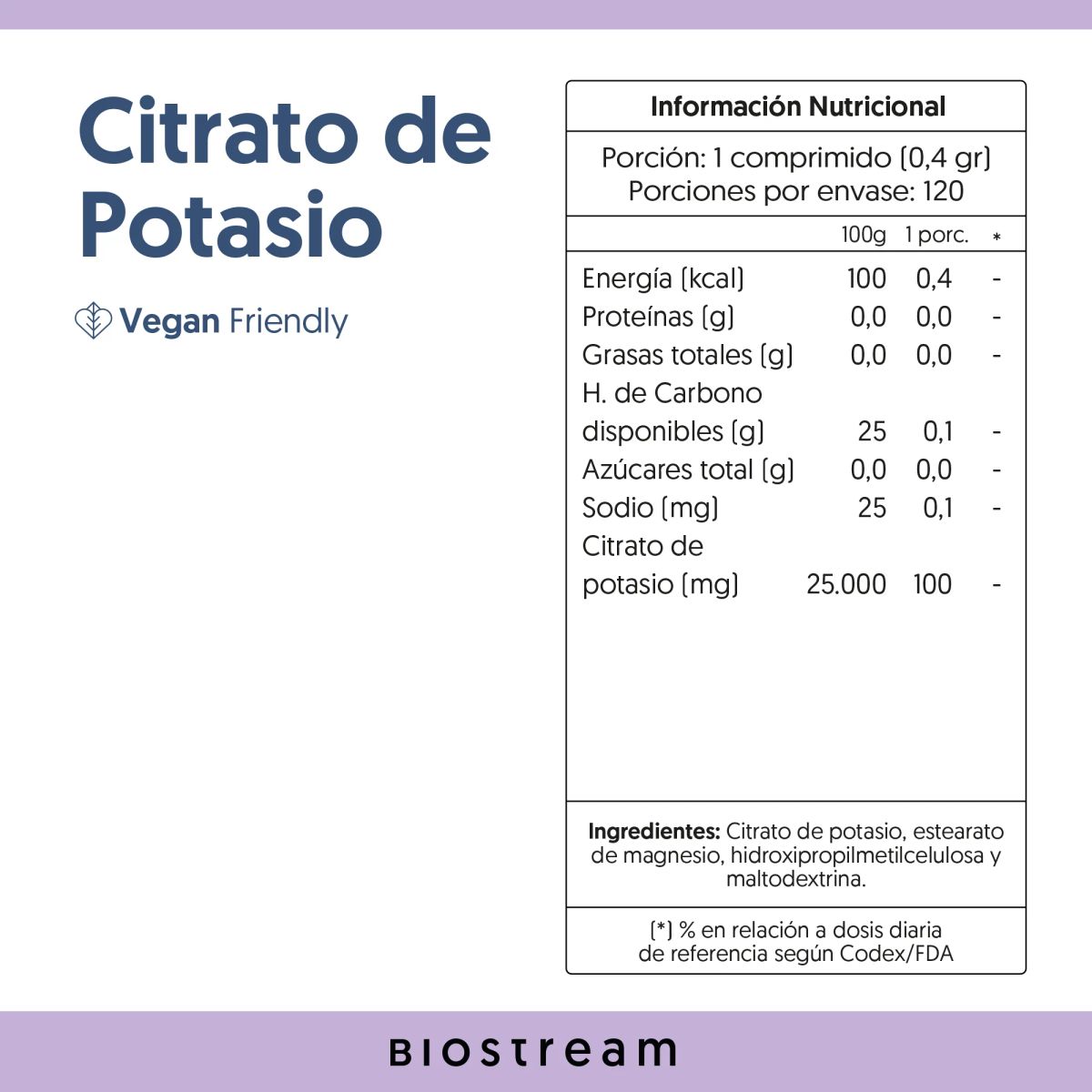 GENERICO - Citrato De Potasio - 120 Cápsulas - Biostream