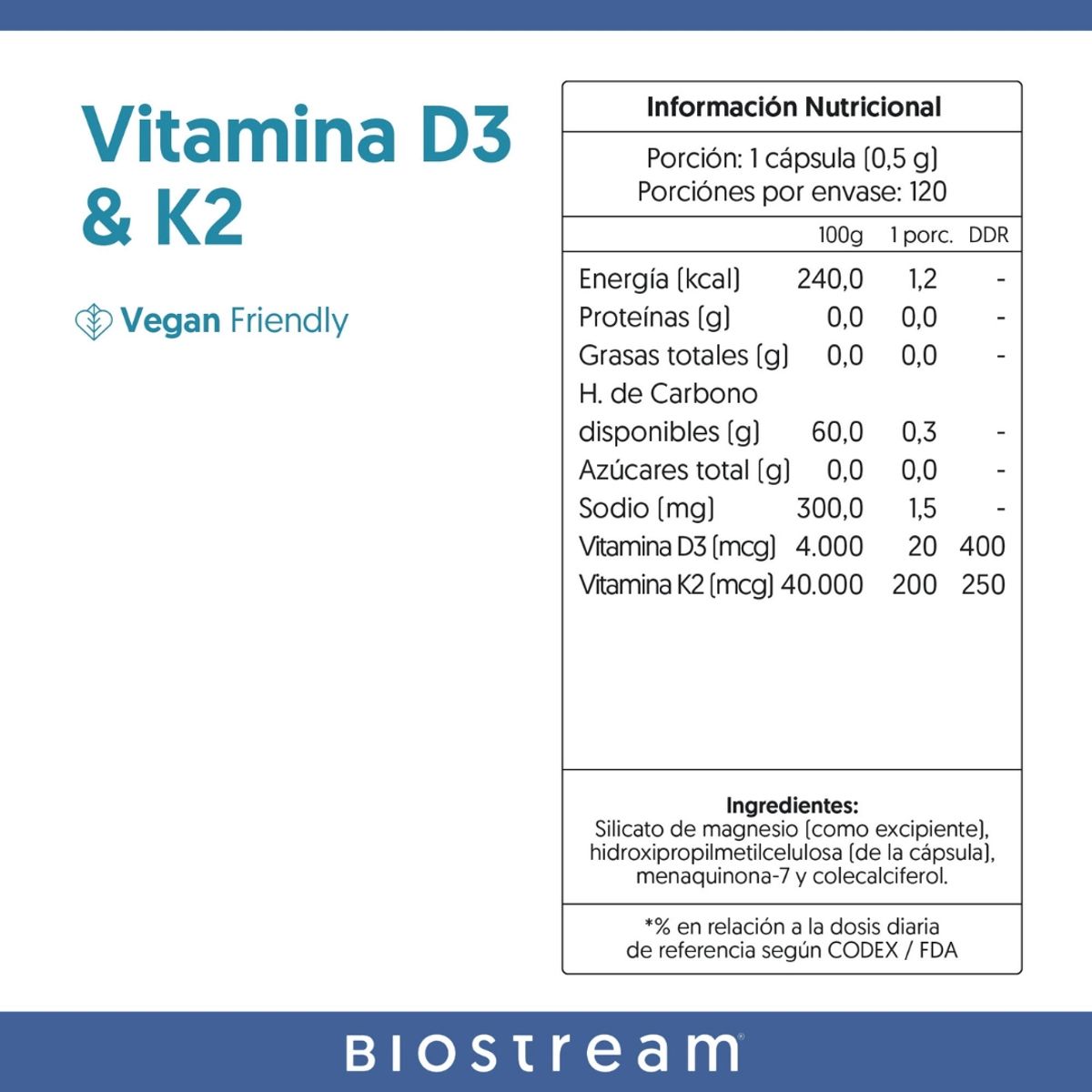 GENERICO - Vitamina D3 & K2 - 120 Cápsulas - Biostream