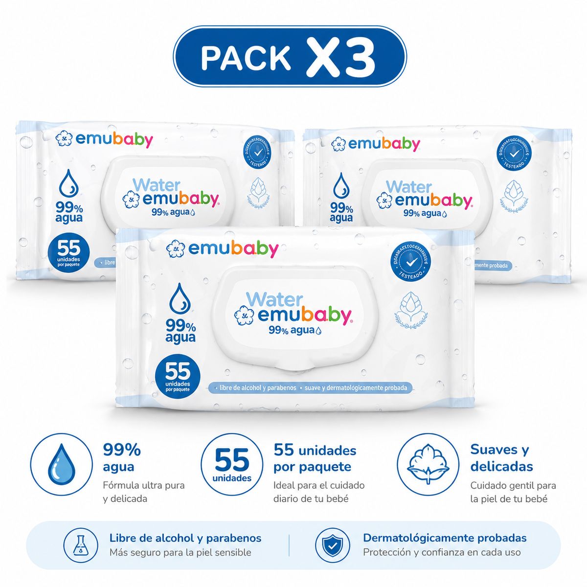EMUBABY - 3 Paquetes de toallitas húmedas EMUBABY con tapa dura x 55 unidades cada paquete