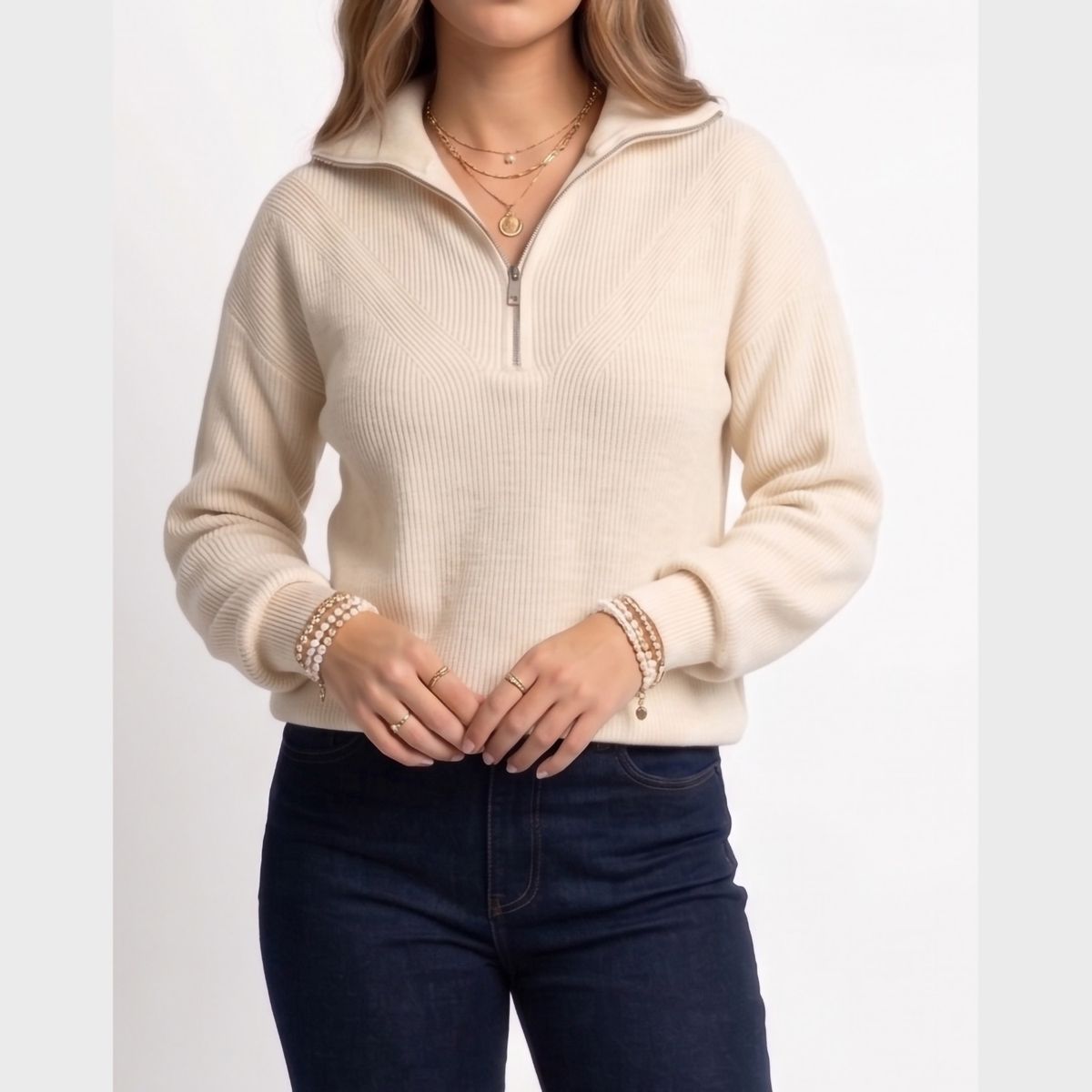 HIPSY SWIMWEAR - Sweater Tejido con Medio Cierre Metálico y Cuello Alto