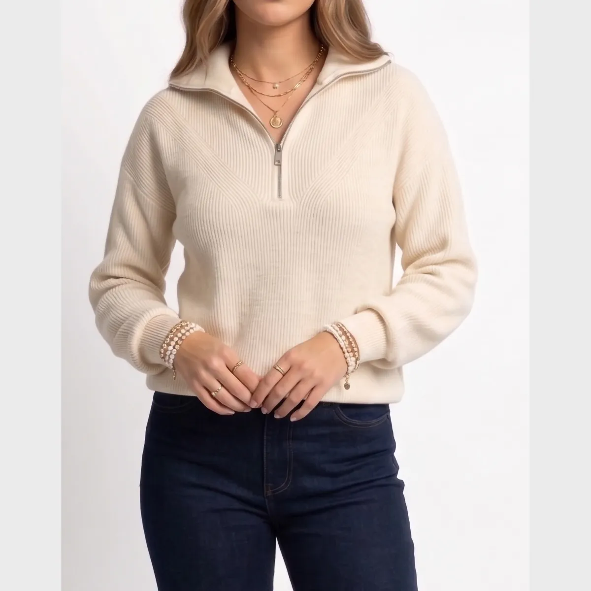 HIPSY SWIMWEAR - Sweater Tejido con Medio Cierre Metálico y Cuello Alto