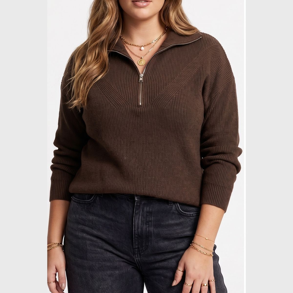 HIPSY SWIMWEAR - Sweater Tejido con Medio Cierre Metálico y Cuello Alto