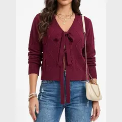 HIPSY SWIMWEAR - Cardigan Mujer Tejido Trenzado Corto Con Lazos Casual
