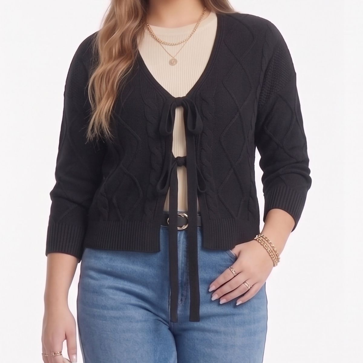HIPSY SWIMWEAR - Cardigan Mujer Tejido Trenzado Corto Con Lazos Casual