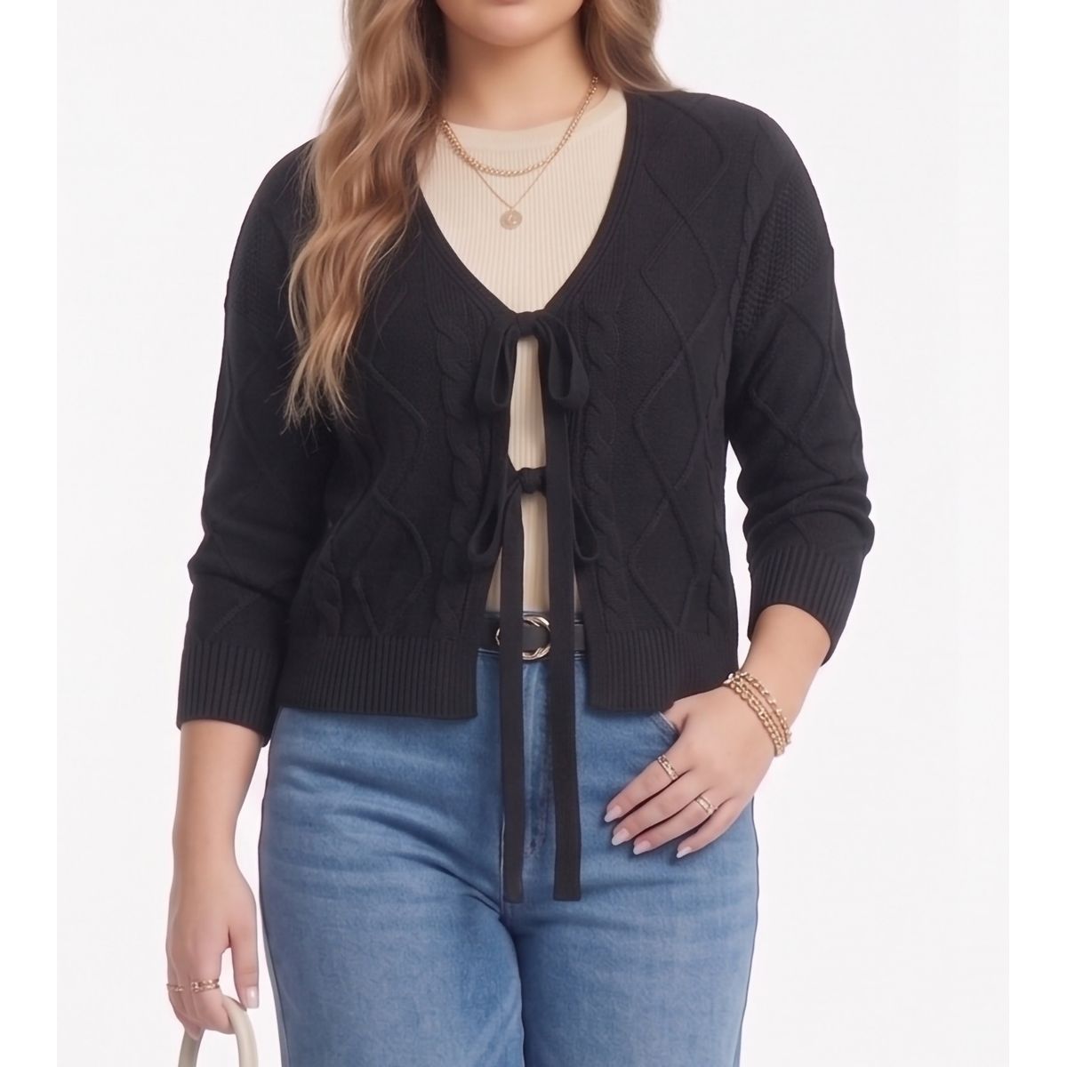 HIPSY SWIMWEAR - Cardigan Mujer Tejido Trenzado Corto Con Lazos Casual