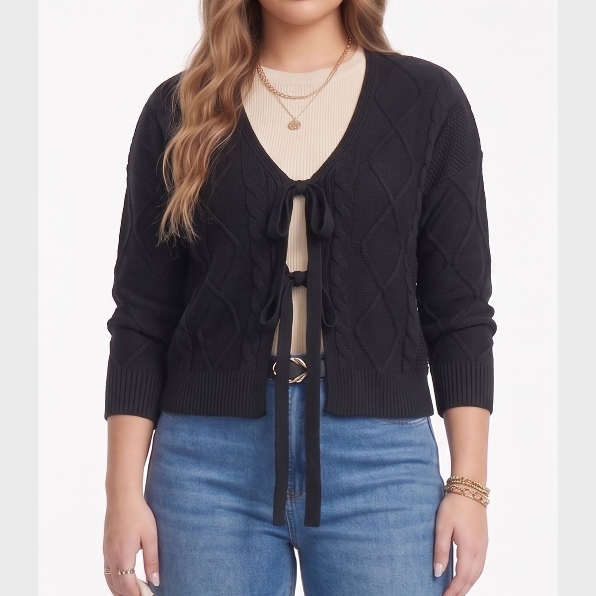 HIPSY SWIMWEAR - Cardigan Mujer Tejido Trenzado Corto Con Lazos Casual