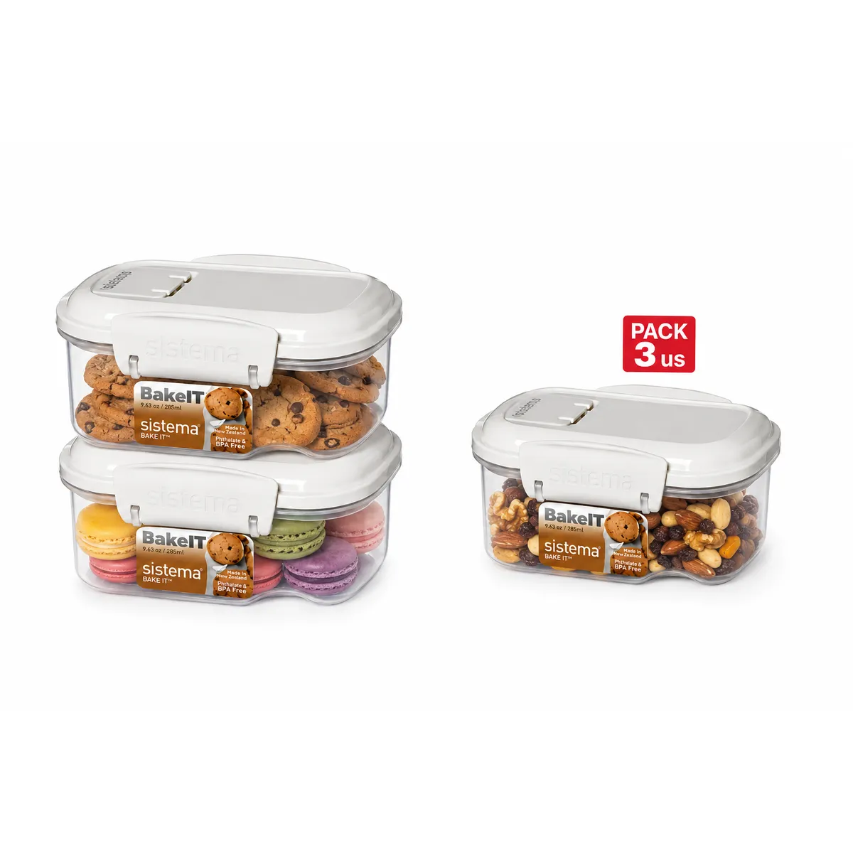 SISTEMA - Set de 3 Contenedores con Tapa Dispensadora  de 285 ml.- Fabricado en Nueva Zelandia