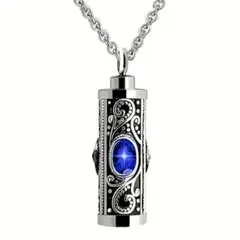 GENERICO - Collar relicario cenizas o recuerdos cilindrico vintage cristal azul