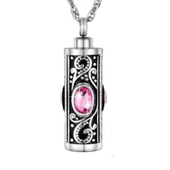 GENERICO - Collar relicario cenizas o recuerdos cilindrico vintage cristal rosa