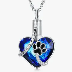 GENERICO - Collar relicario cenizas o recuerdos mascotas corazon huellita blue