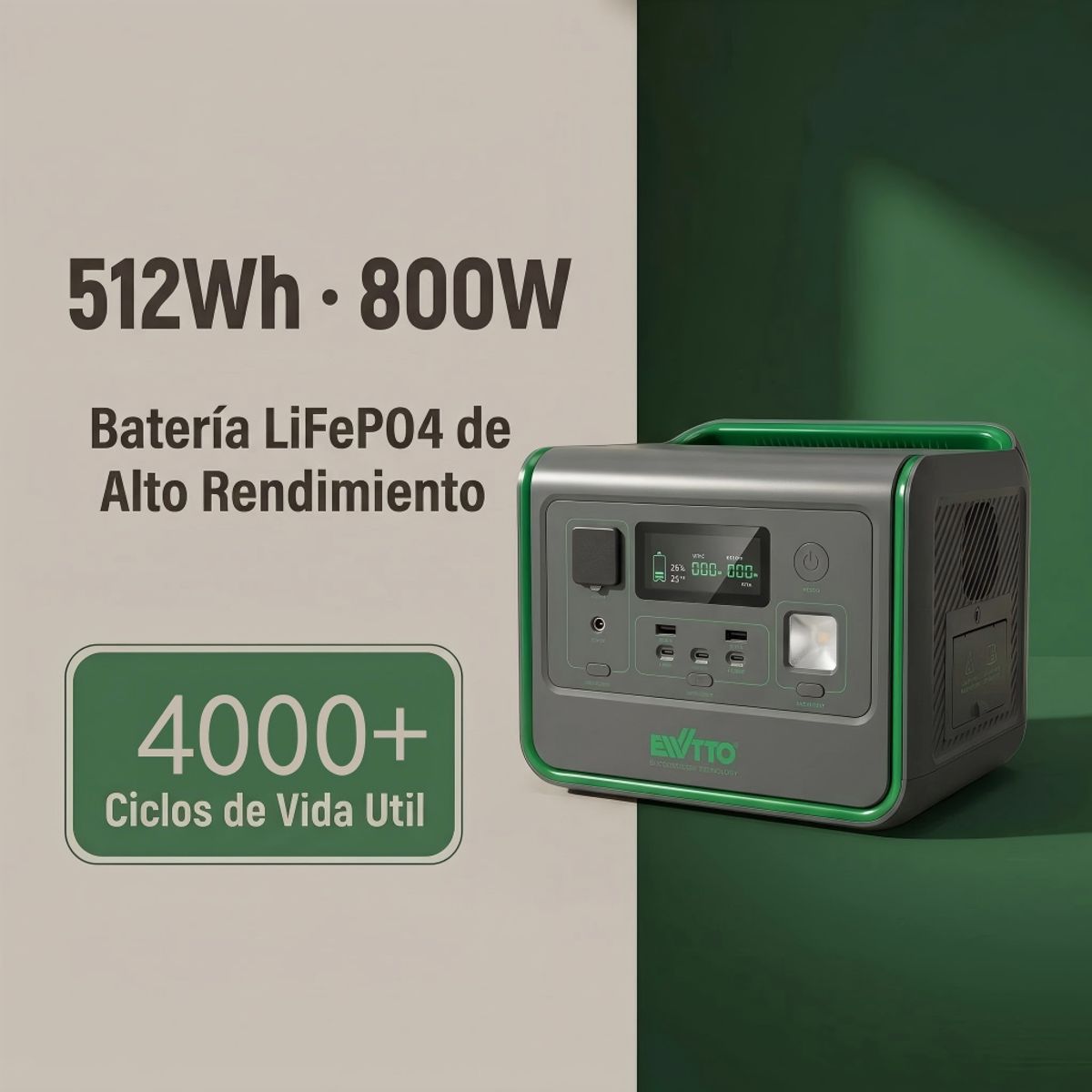 EWTTO - EWTTO EP800 Generador Solar Portátil 800W 512Wh - LiFePO4, Carga Rápida 1.5H, UPS, LED, USB-C 100W, 8 Puertos
