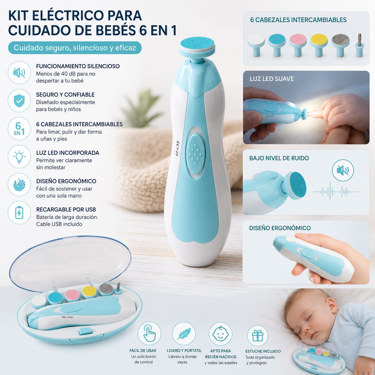 GENERICO - Kit Lima Corta Uñas Electrico Bebes 6 En 1 Silencioso Led Seguro Color Celeste