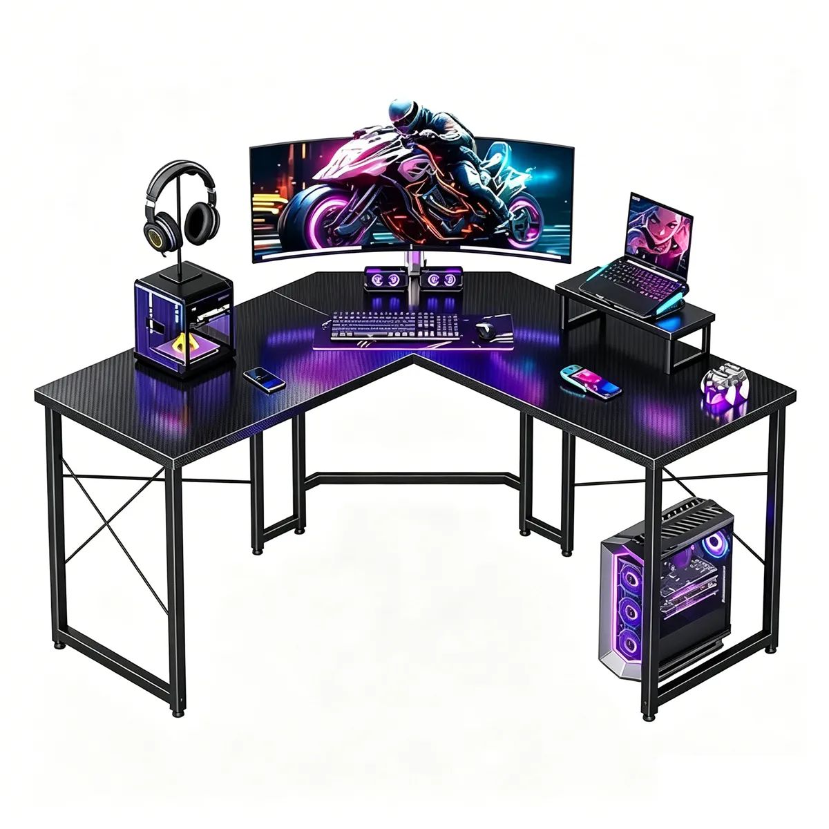 XINEST - MESA PARA JUEGOS EN FORMA DE L, CON SOPORTE PARA PORTÁTIL Y ESTRUCTURA REFORZADA