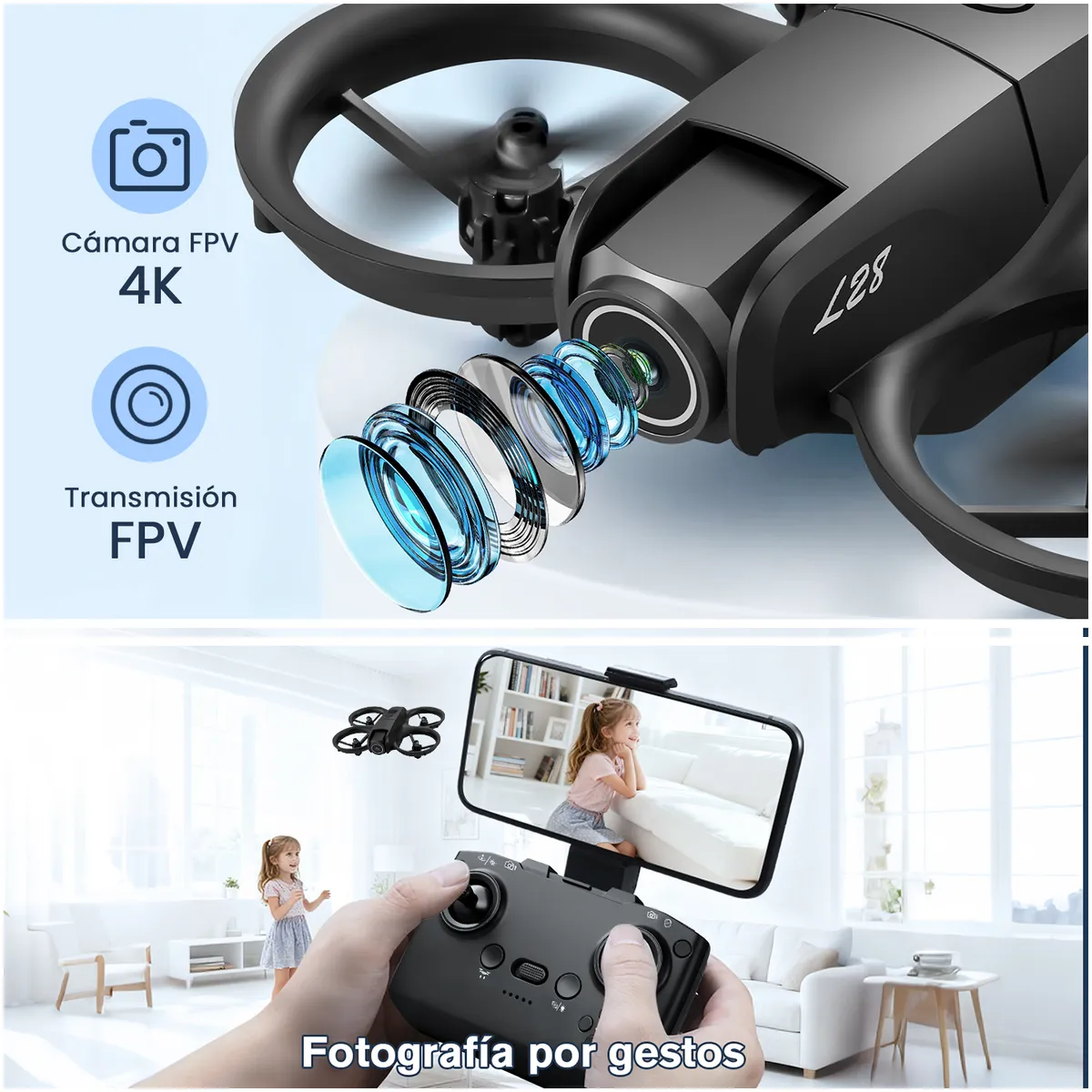 VIDITA - Mini Drone FPV Doble Cámara 4K Fácil de Usar 3 Baterías WiFi Negro