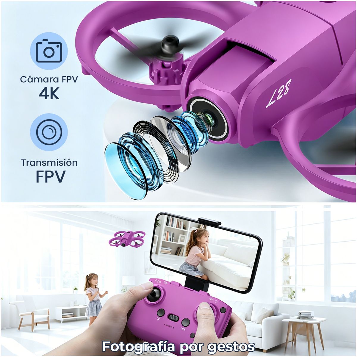 VIDITA - Mini Drone FPV Doble Cámara 4K Fácil de Usar 3 Baterías WiFi Morado