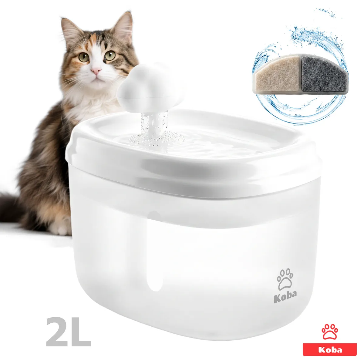 KOBA - Bebedero Eléctrico Para Mascota Gato Perro Fuente Agua Silencioso Estilo Nube 2 Litros Color Blanco