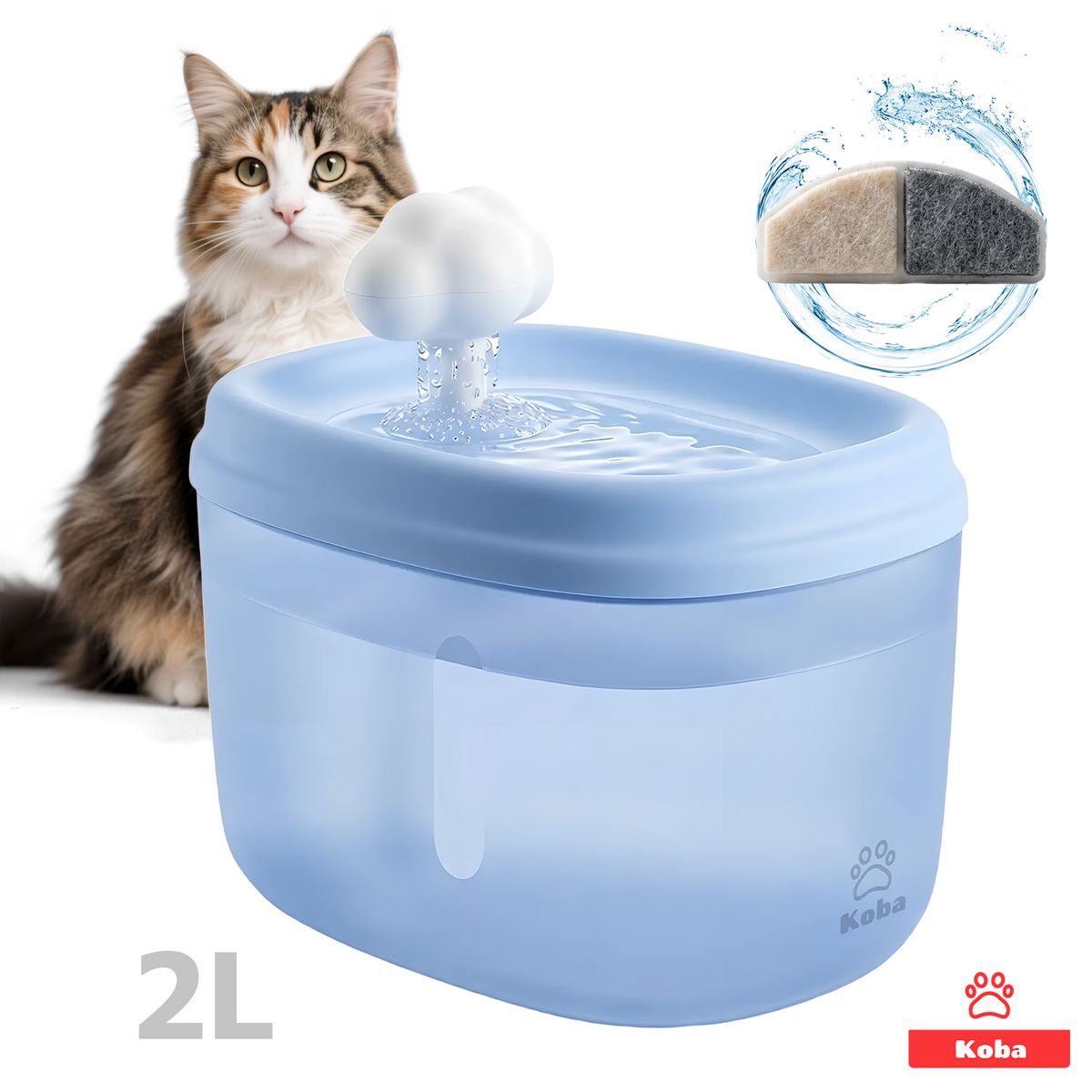 KOBA - Bebedero Eléctrico Para Mascota Gato Perro Fuente Agua Silencioso Estilo Nube 2 Litros Color Azul