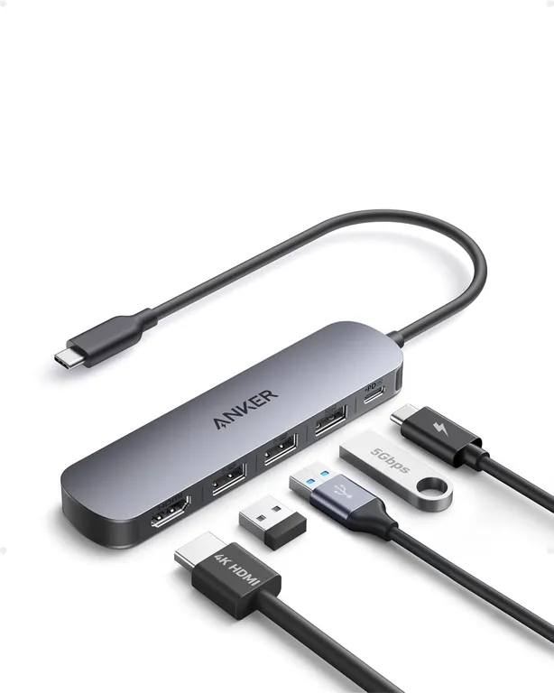 Adaptador Hub USB-C 5 en 1 con HDMI 4K 30Hz, USB 3.0 5Gbps y Carga PD 90W
