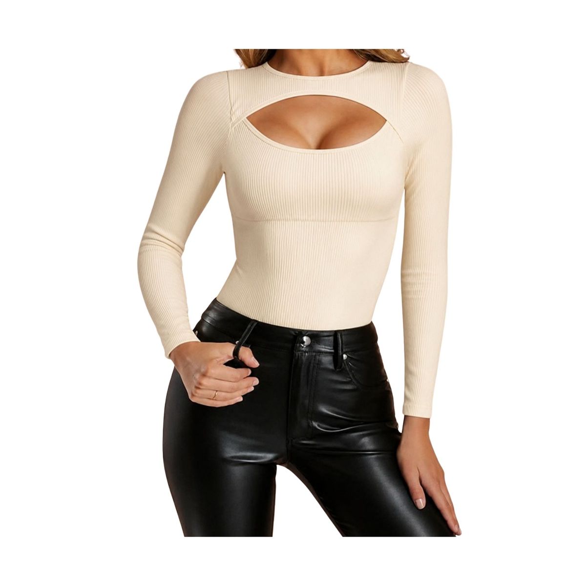 LIKE SHOP - Body Manga Larga Mujer Acanalado Con Escote Cut Out Y Broche 9025