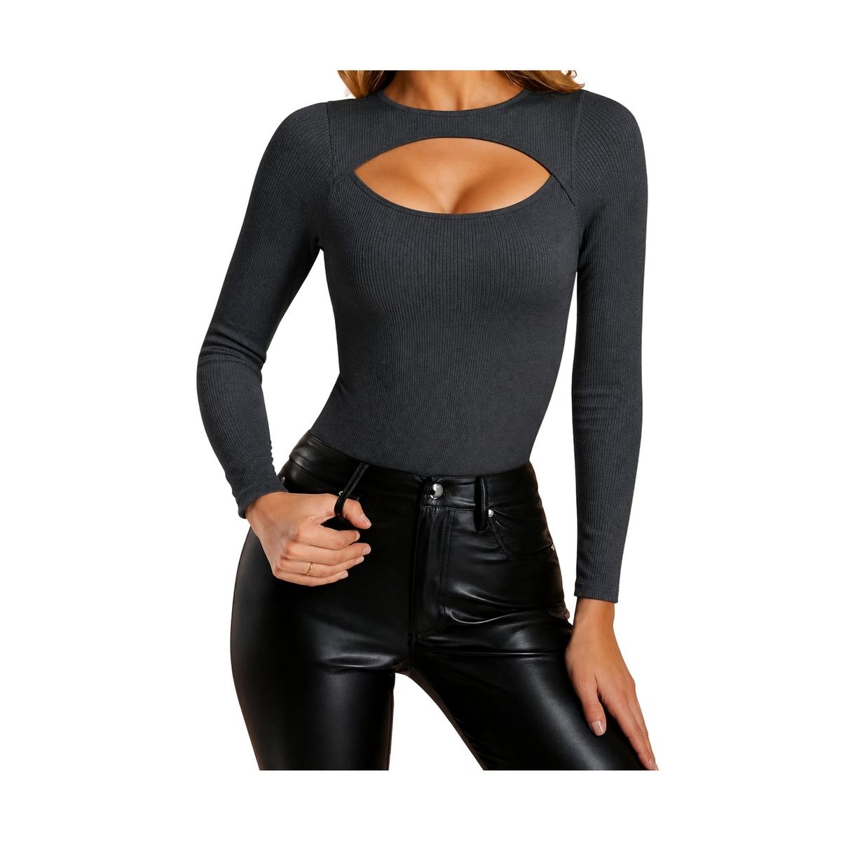 LIKE SHOP - Body Manga Larga Mujer Acanalado Con Escote Cut Out Y Broche 9025