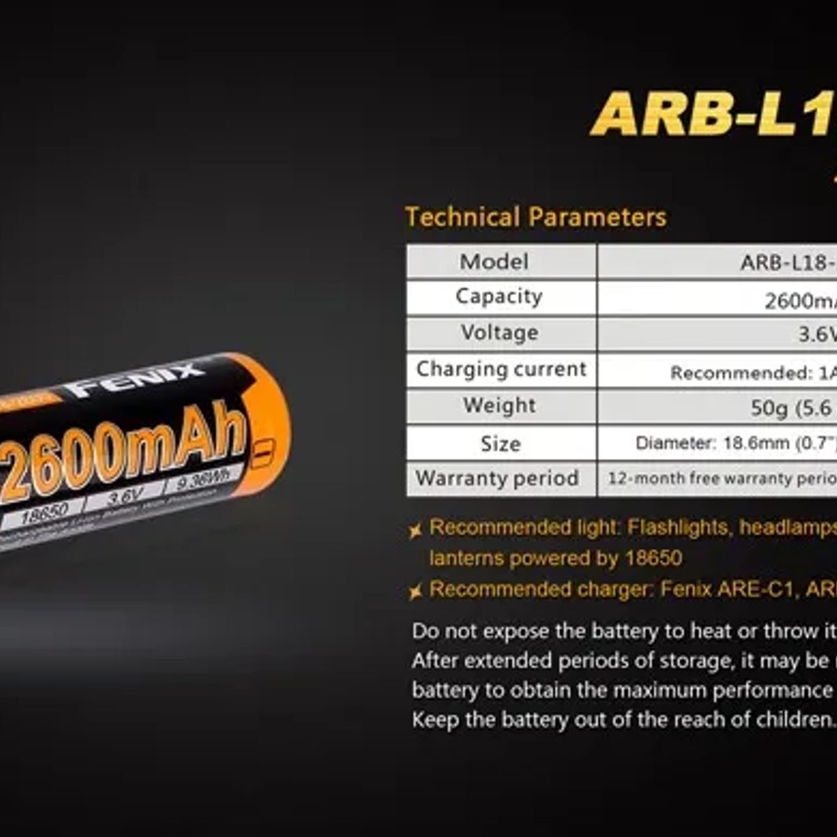 FENIX - Batería recargable FENIX ARB-L18-2600 linterna