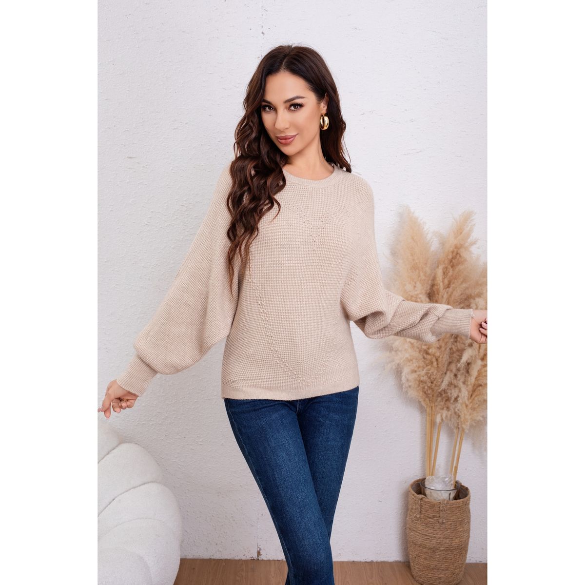 LIKE SHOP - Sweater Mujer Manga Larga Murciélago Tejido Diseño Corazón 6022