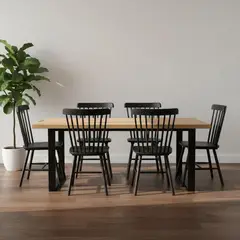 PANDALINO - Comedor Mesa Rectangular Ámbar 160x90 + 6 Sillas Windsor Madera Negra