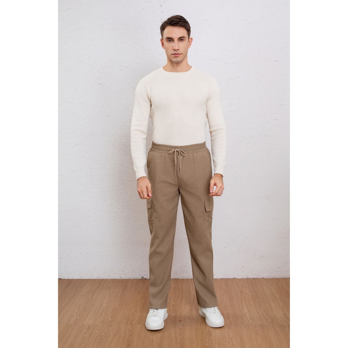LIKE SHOP - Pantalón Recto Hombre Cotelé Interior Polar Bolsillos Cargo 7156