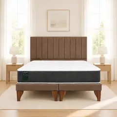 GENERICO - Cama 2 Plazas Completa Marron - Base Europea + Colchón Excellense Plus 25CM + Respaldo Tapizado
