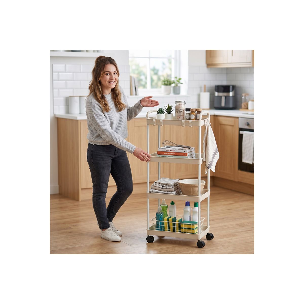 GENERICO - Carrito De Almacenamiento De 4 Niveles Con Asa, Cocina, Baño Color Crema