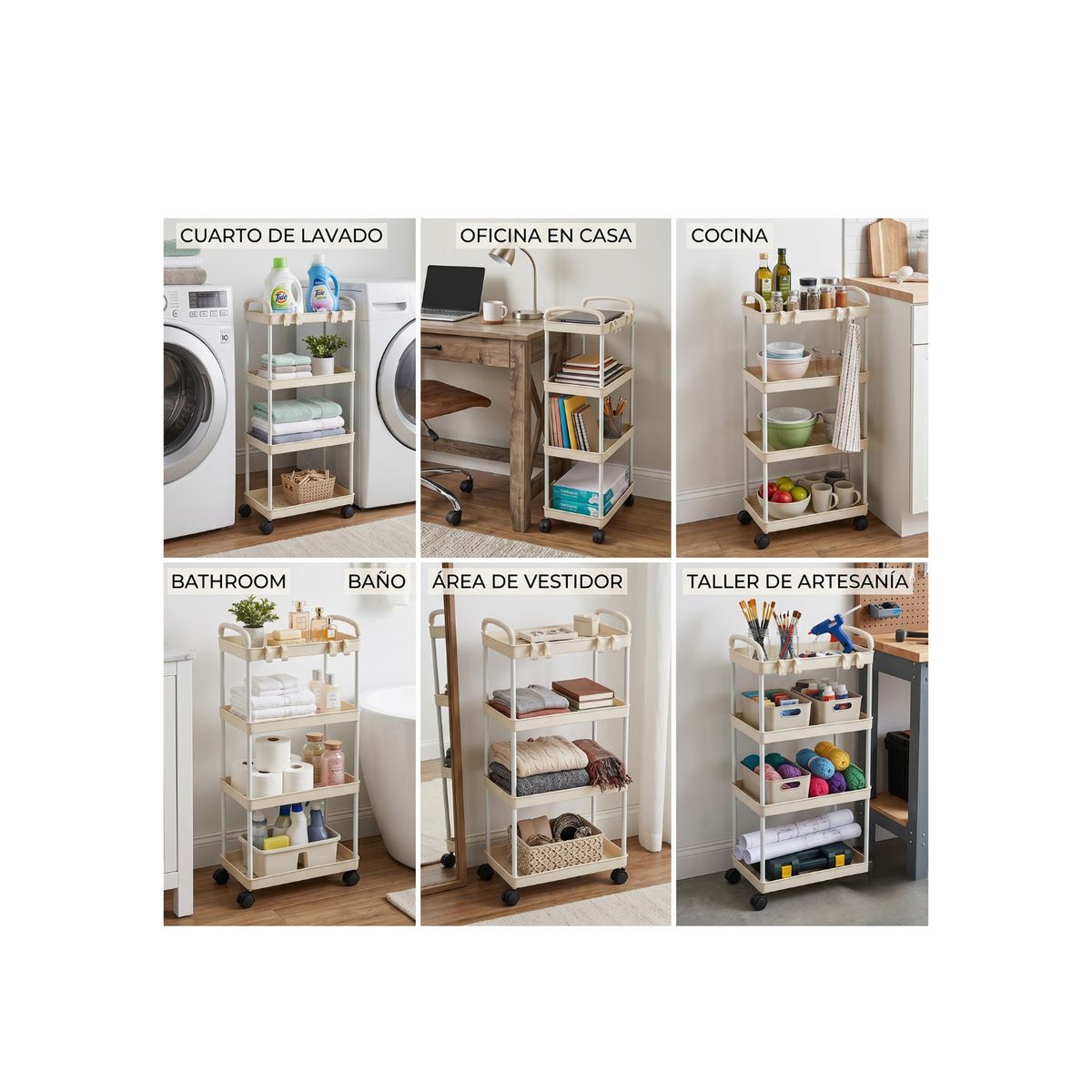 GENERICO - Carrito De Almacenamiento De 4 Niveles Con Asa, Cocina, Baño Color Crema
