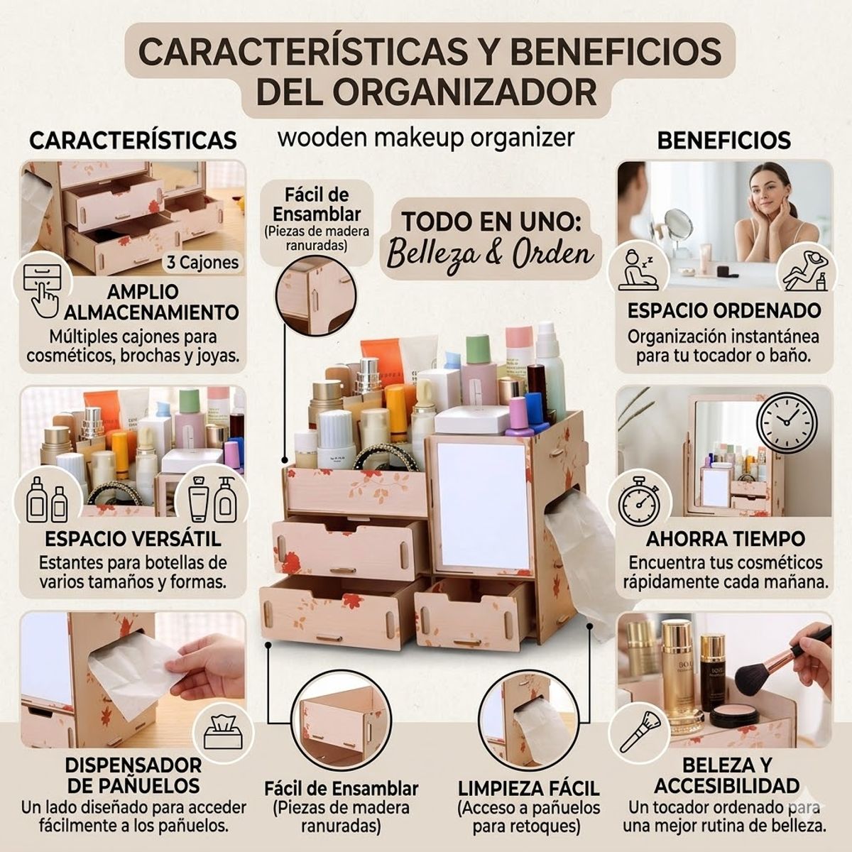 GENERICO - Organizador de Maquillaje de Madera Armable con Espejo