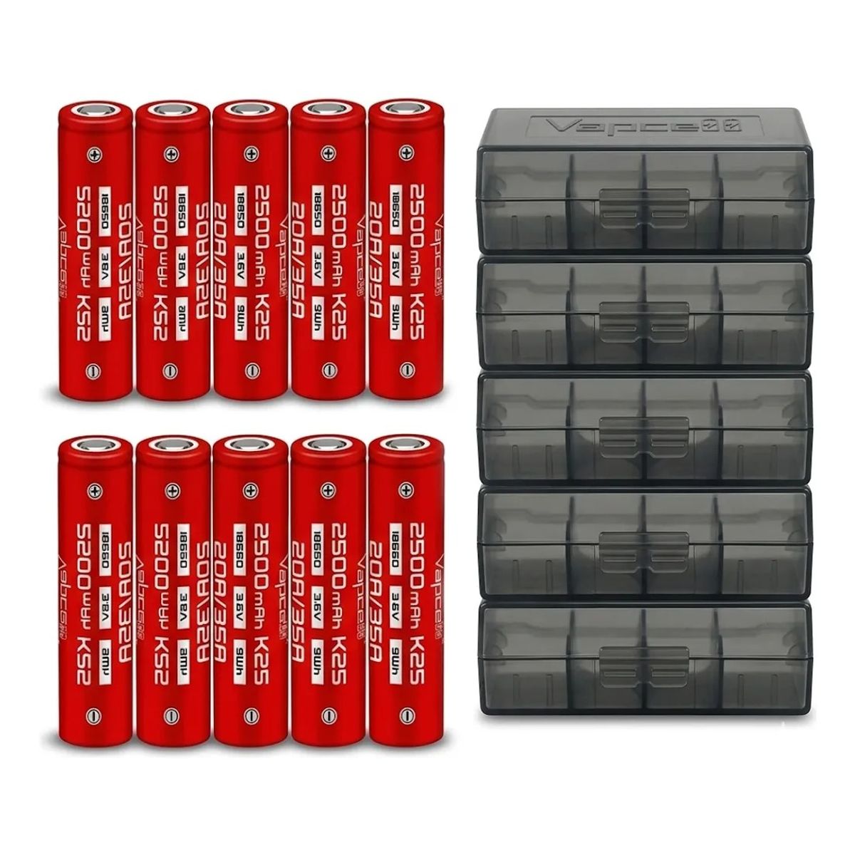 GENERICO - Pack 10 Pilas Baterias Para Vaporizador 18650 Recargables Vapcell 2500mah + 5 Cajas Vapcell
