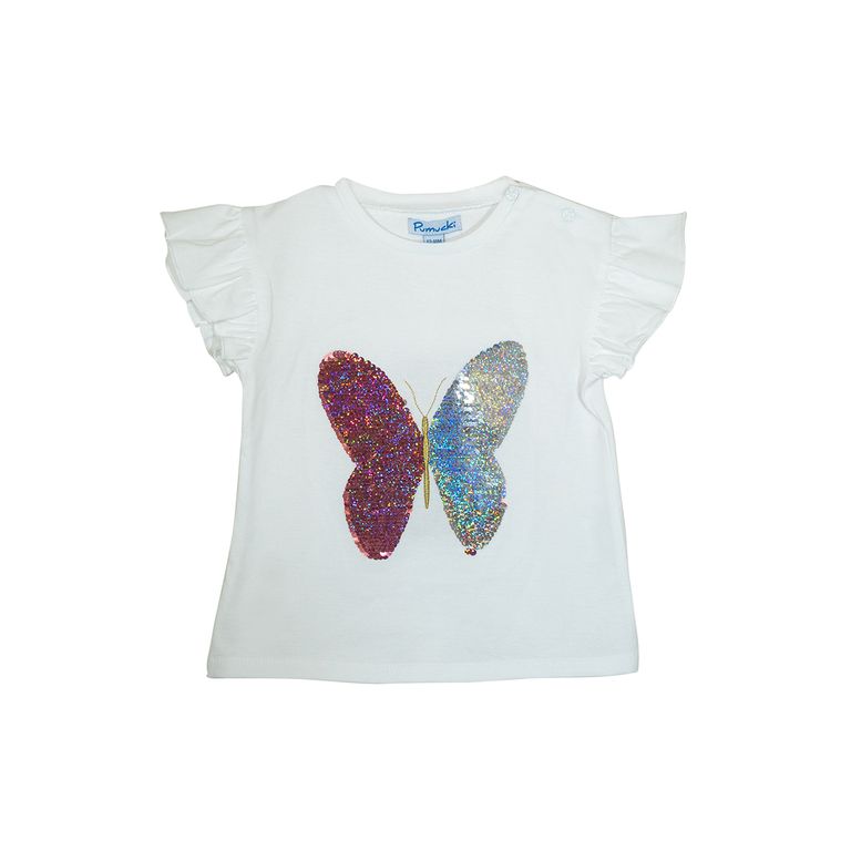 Polera Manga Corta Nina Blanca con Lentejuelas Mariposa Blanco 0-3 MESES