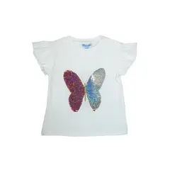 PUMUCKI - Polera Manga Corta Niña Blanca con Lentejuelas Mariposa