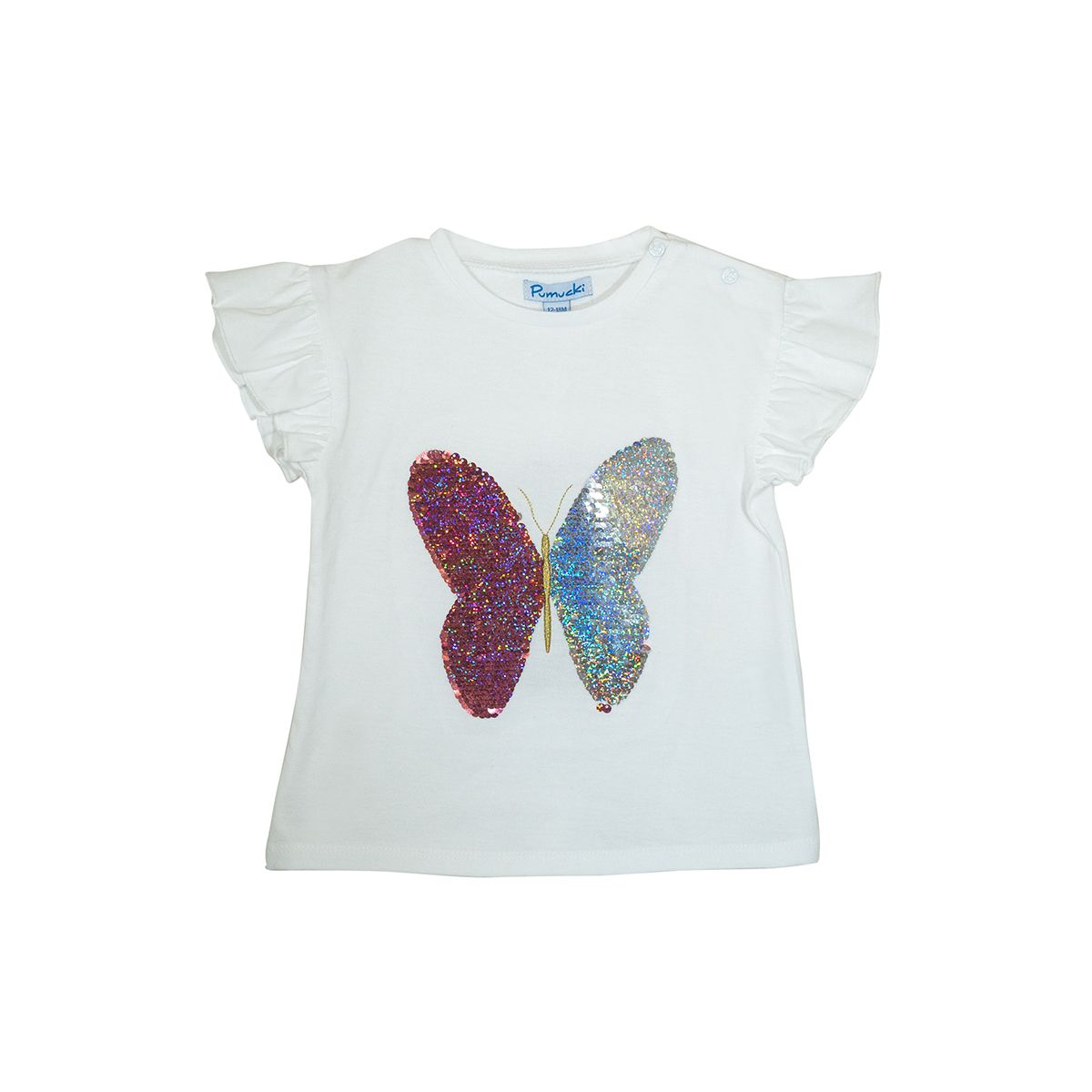 PUMUCKI - Polera Manga Corta Niña Blanca con Lentejuelas Mariposa
