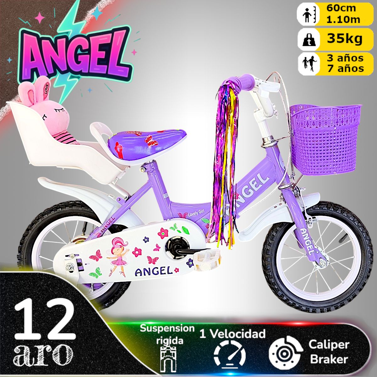 GENERICO - Bicicleta Aro 12 Infantil Con Peluchero Lila Angel