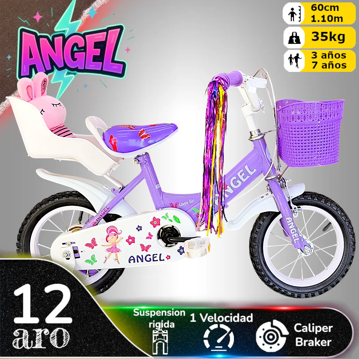 GENERICO - Bicicleta Aro 12 Infantil Con Peluchero Lila Angel