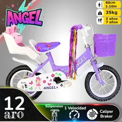 GENERICO - Bicicleta Aro 12 Infantil Con Peluchero Lila Angel
